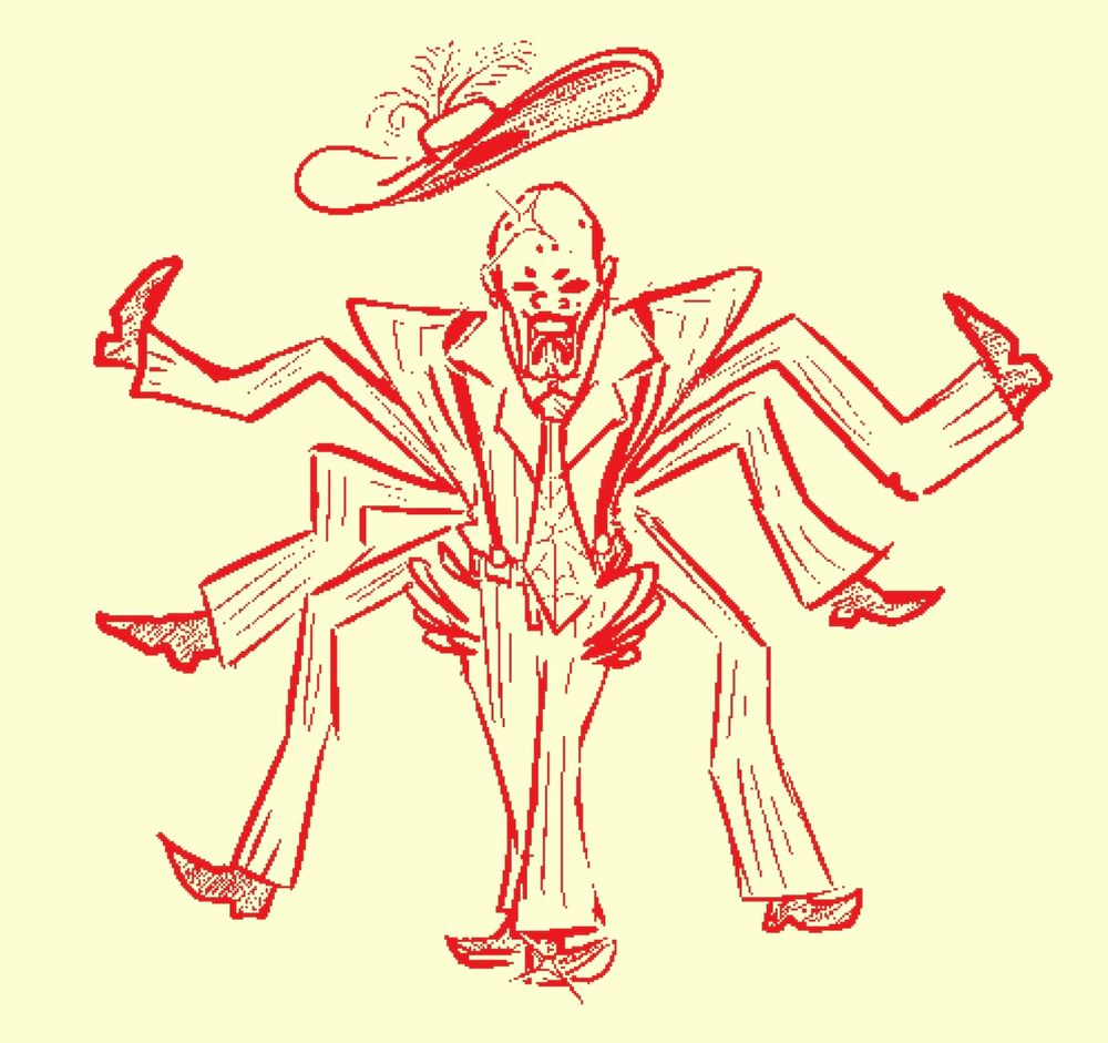 a man in a pin striped zoot suit and a spider web patterned tie, with a wide brimmed hat floating above his bald head. his mouth is open in a smirk and spider chelicerae are visible inside. he seems to have several small pairs of eyes on top of his head. his shoulders are arched high and his arms are behind his back, but his gigantic hands are visible grasping his waist from behind. besides the two legs he stands on, there are three more pairs emerging from behind his back, all with matching pants and shoes.