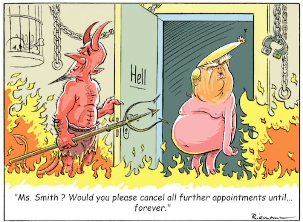 Trump arrives in hell.
