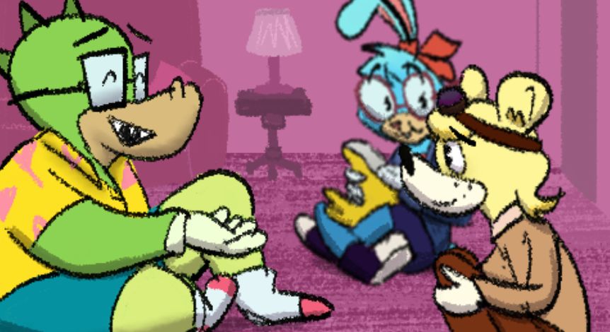 Sour Gummy, Goldwin, and Bluebell sit on the floor at Gummy's house and talk.