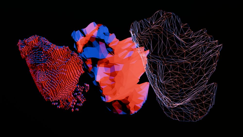 3 Renderings of a man's face in a row. From left to right: a cubic breakdown, a lowpoly abstraction, and a wireframe. Faces and edges are colored to reflect their normals. Made with love in blender