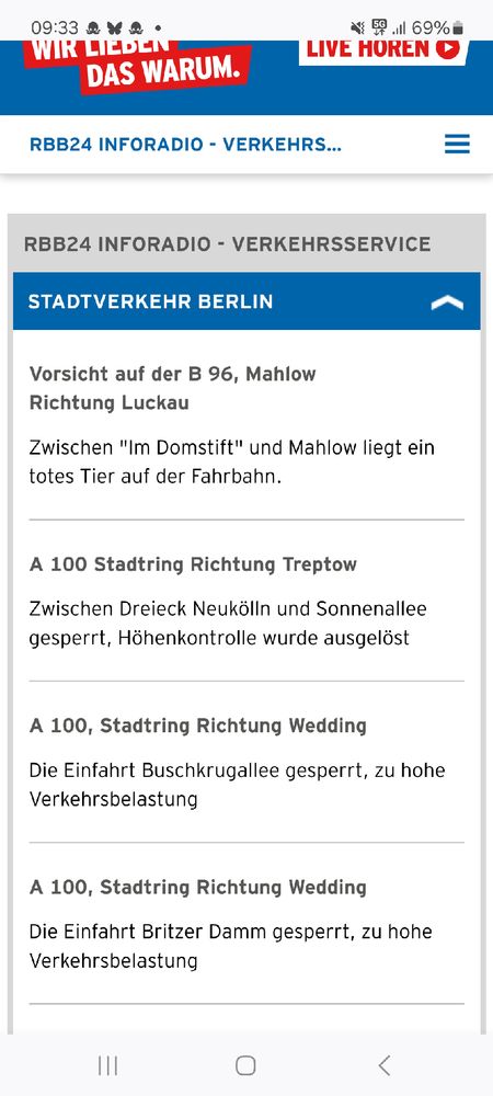 Screenshot Verkehrsmeldungen von Inforadio: A100 hinter Dreieck Neukölln gesperrt wegen Auslösung Höhenkontrolle