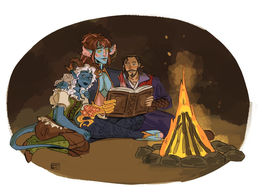 Sprig (left), Cherry (middle) & Gale (right) from Baldur's gate 3
Sprig is a blue Tiefling with white hair, leaning on Cherry
Cherry is a blue Firbolg with a magic gold prosthetic, holding a book with Gale
Gale of Waterdeep is a companion from Baldur's Gate 3, a human wizard who wears purple robes with red accents, he has brown hair.
The three are reading a book near a campfire.