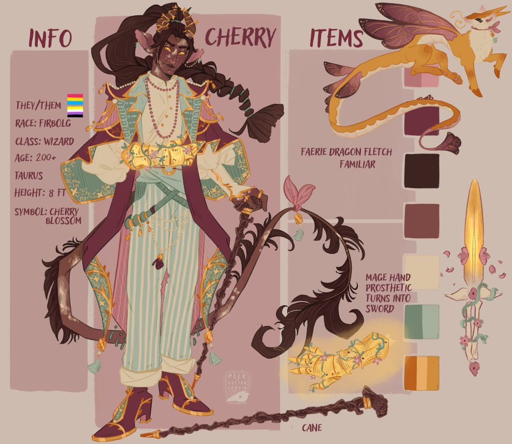 Cherry's character sheet

A Firbolg stood in an elegant pose, dressed in eccentric clothing. Eclectic in colour and pizzazz. 

Next to them stands key items in their design such as their mage hand prosthetic and Fletch, their Faerie Dragon familiar.