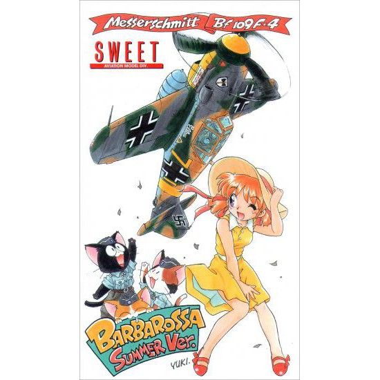 Ilustración de una maqueta Bf109 con una chica y dos gatos de uniforme.