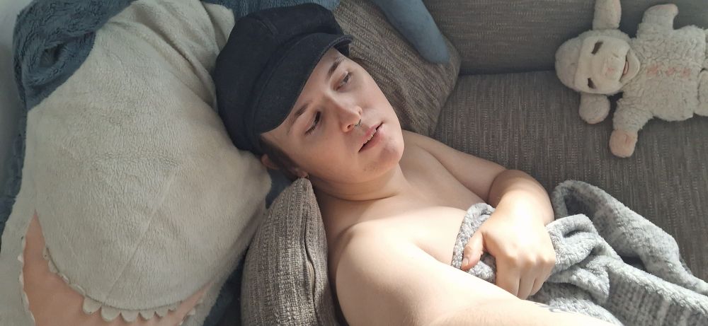 selfie of Alice on a couch with a blahaj on faer left and a lambchop plushie on faer right. Alice is wearing a black hat only and is covered by a grey blanket. it's looking to the right