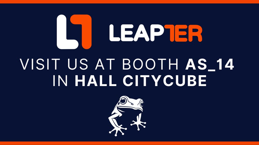 Dark blue graphic with orange and white accents promoting Leapter’s booth at an event. The Leapter logo is displayed at the top. Below it, large white text reads: “Visit us at booth AS_14 in Hall CityCube.” A small, white illustration of a frog appears underneath the text.