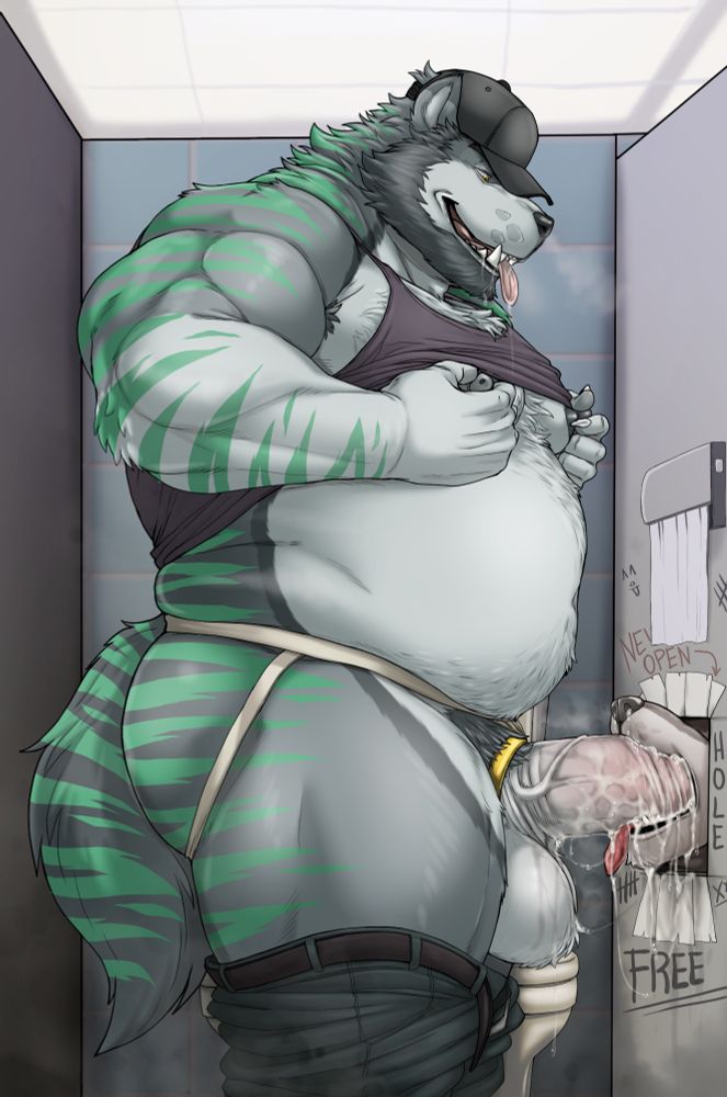 Bael in a restroom stall, breathing heavily and rubbing his chest. he is standing in front of a glory hole, feeding a massive load into a waiting muzzle. His jockstrap is just pulled to the side, ring shining in the harsh light. 