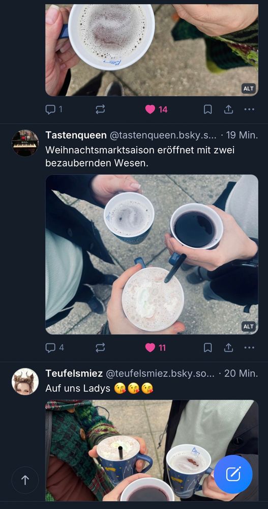 Ein Foto aus drei Perspektiven. 3 Posts untereinander zeigen je 3 Personen stehend im Kreis und halten je eine Tasse mit einem Heißgetränk in die Mitte.