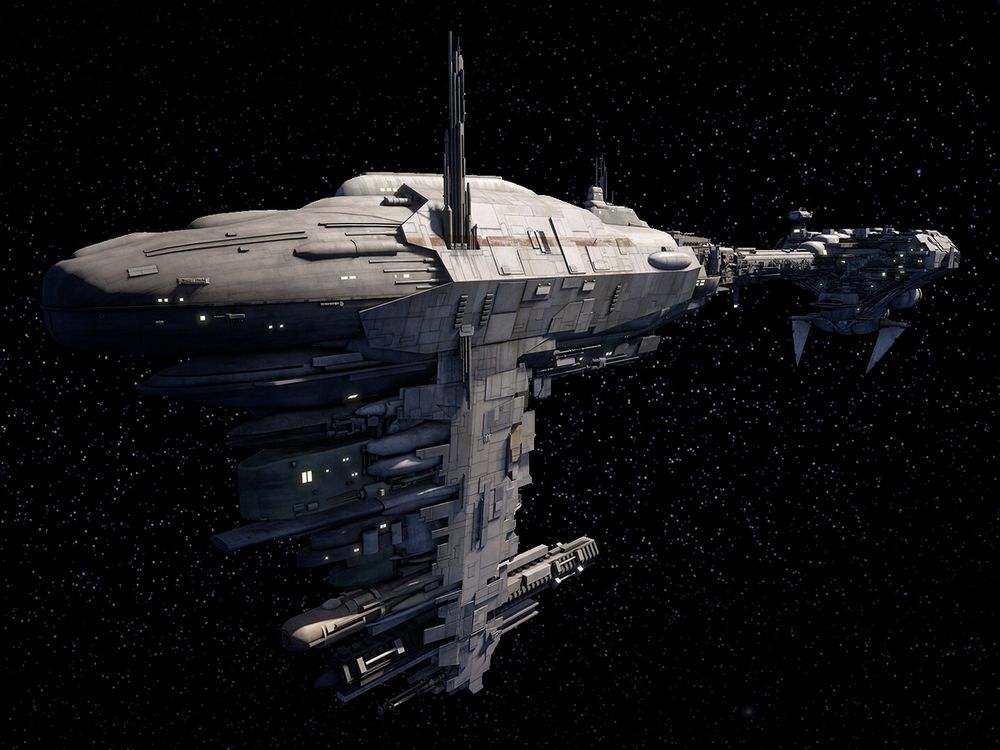 From Star Wars, the Nebulon-B frigate, a ship made of two bulky masses connected by a long spindle, with various odd-shaped bits sticking out here and there.