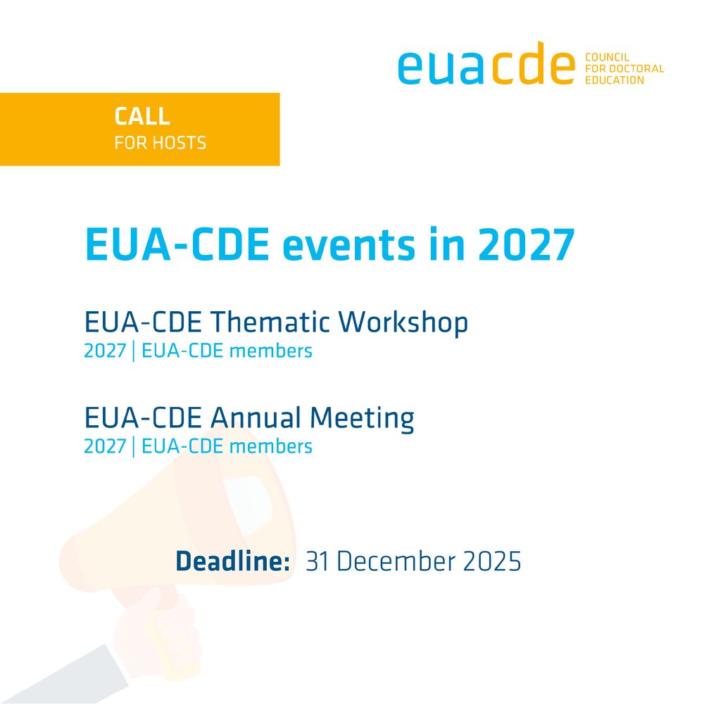 Promotional image for a call for hosts for EUA-CDE events in 2027, including the thematic workshop, annual meeting, and a final date of December 31, 2025. The background features the EUA-CDE logo.