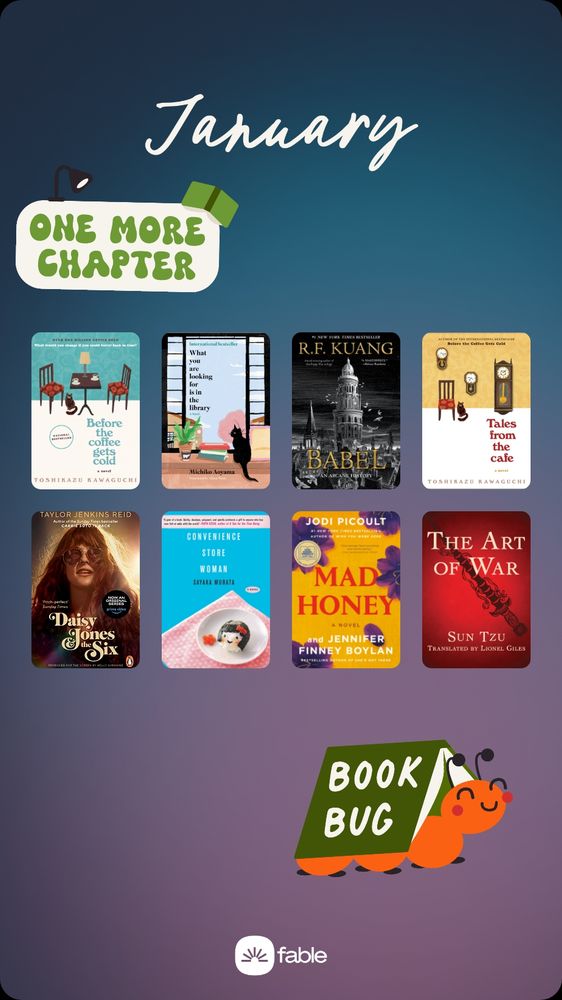Eight book covers with the words "January", "one more chapter", and a sticker of a caterpillar with a book on its back and the words "book bug" on the book. 