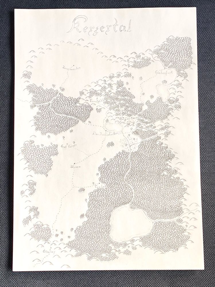 A hand-drawn map showing a fictional valley labeled „Kerzertal“. Basis for a homebrew D&D setting.