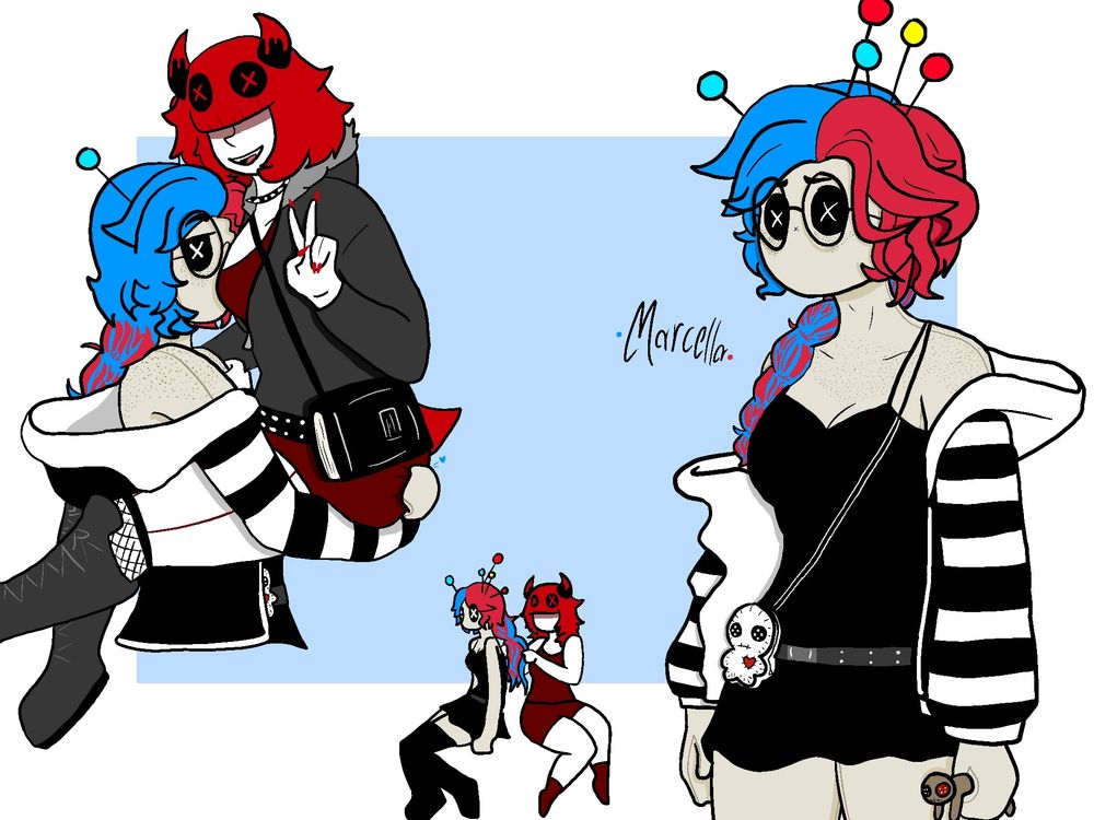 A ragdoll girl and a vampire girl. Left: The ragdoll lifts the vampire, her face smothered in the vampire's breasts. Middle: The vampire braids the ragdoll's hair, both girls missing their outerwear. Right: A more detailed drawing of the ragdoll girl. Text reads: Marcella.