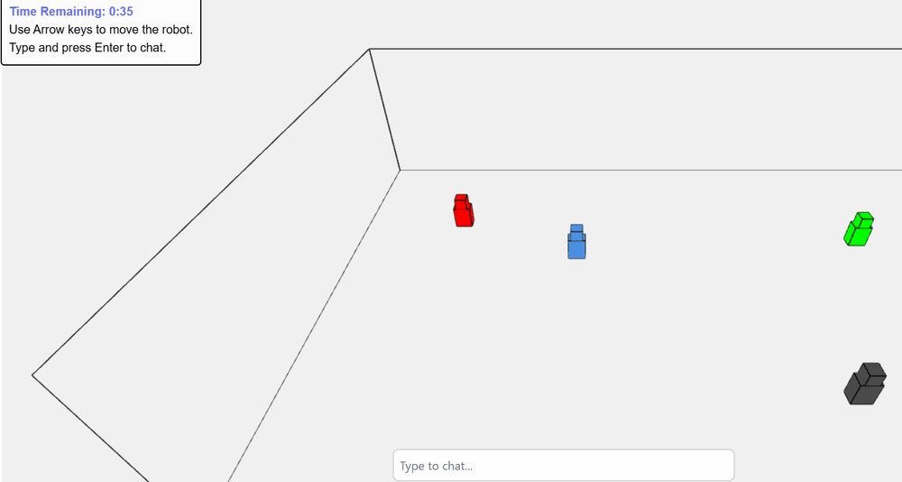 Gif animation of a behavioral experiment using threejs platform to show how participants can chat with agents in a 3D space and have distinct conversations triggered by physical distance.
