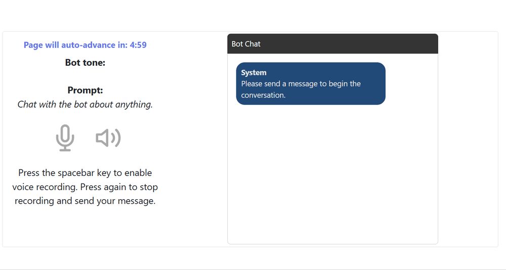 Animation of a chat with an LLM agent triggered by participant's voice, which is transcribed, sent to the server, and replied back via a virtual text-to-speech service.