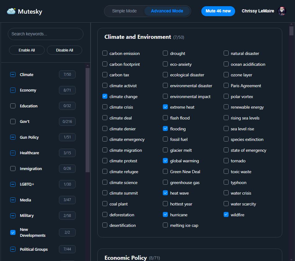 Mutesky advanced mode with tons of keywords to choose from