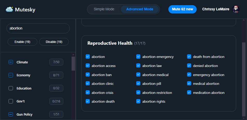 Advanced mode search to mute or unmute matches in bulk