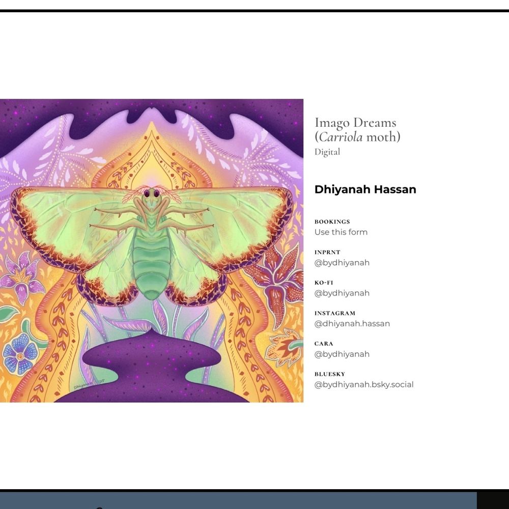 A screenshot from the recent InverteFest art book showing Dhiyanah Hassan's artwork of a sleeping moth facing the viewer, infused with vibrantly colored batik designs. Links to Dhiyanah's pages and shops are displayed beside the artwork.