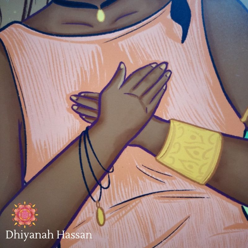 A close-up extract of an illustration in progress by the artist Dhiyanah Hassan showing a brown femme person's hands resting on their chest. A golden pendant hangs from a wrap-around bracelet on one wrist while on the other wrist is a golden cuff. There is a matching golden pendant on their neck too, and the fabric of their top if textured coral pink and soft pink.