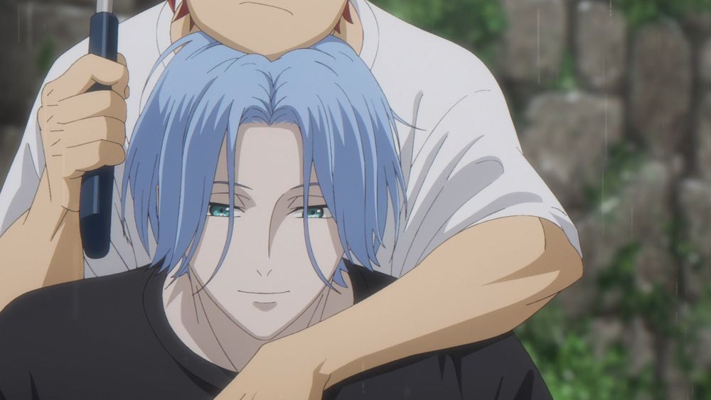 Langa carrying Reki on a piggyback ride.