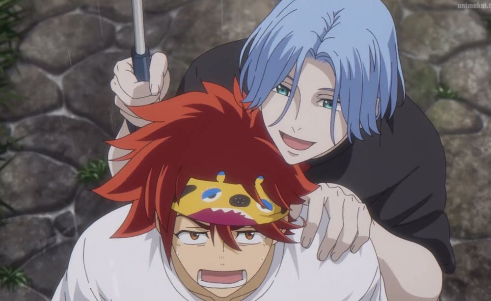 Reki carrying Langa on piggyback ride.
