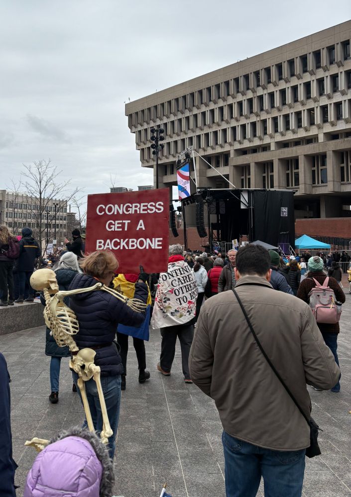 Protest on Boston City Hall Plaza. Woman with a skeleton is carrying a sign that says, "Congress get a backbone".