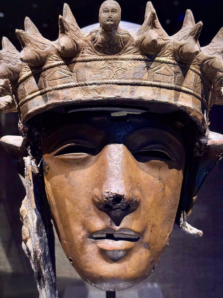Roman cavalry helmet found as offering in the Waal river. Displayed at an exhibition in Museum Bastei, Nijmegen.