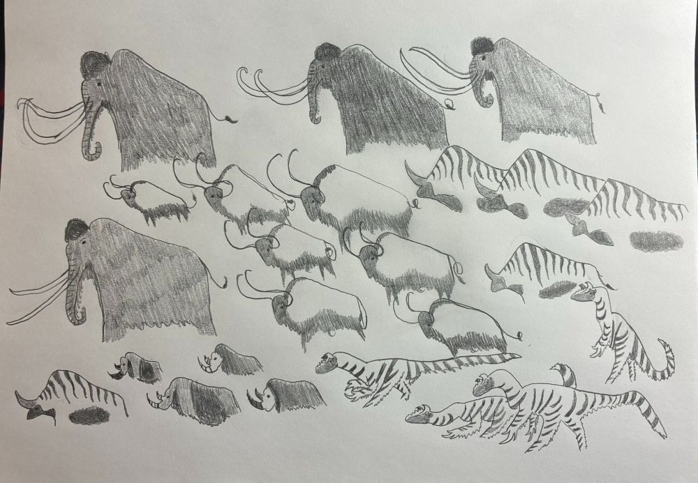 “Massive herds of steppe mammoth, bison, woolly rhinos, and steppe rhinos that can be spotted across the grassland tundra. All the while, a small pack of Polar Tyrannoracids (tyrannosauroids similar in dimensions to Yutyrannus of Cretaceous China) beginning to make their move on the rhinos including a lone steppe rhino that has wondered too far from the herd.
