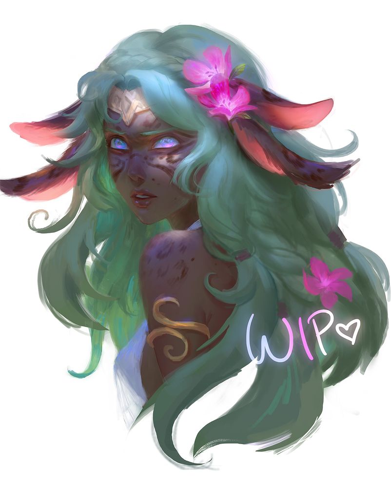 An unfinished portrait of a character possessing long, grass-green locks of hair in various simple restraints and braids, adorned with flowers. She has 2 pairs of furry brown ears akin to a rabbit, with markings on her skin matching in color.