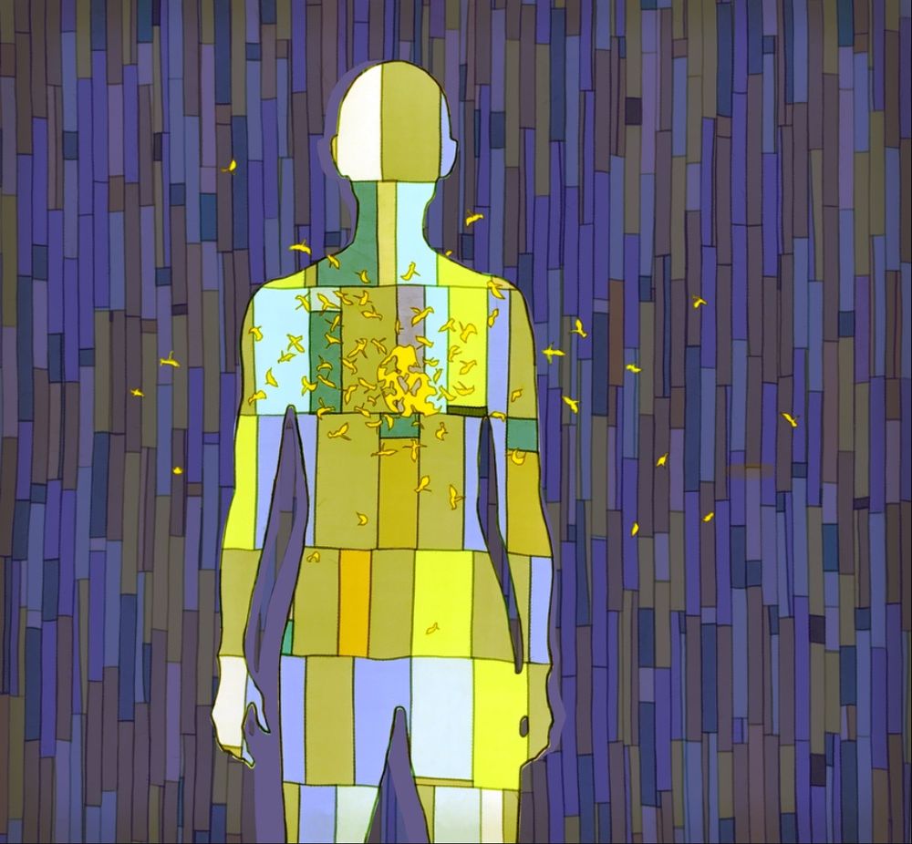 A sewn artwork of a yellow human silhouette with a patchwork pattern standing against a dark blue background with bees or wasps exploding from its heart. 
