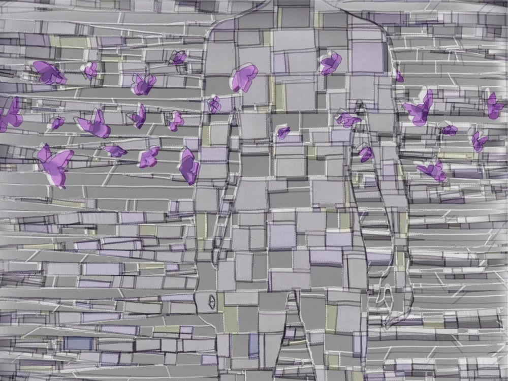 a portion of a silhouette is barely visible in a field of stitched blocks of grey and violet. Purple butterflies appear tossed along the upper half of the image.