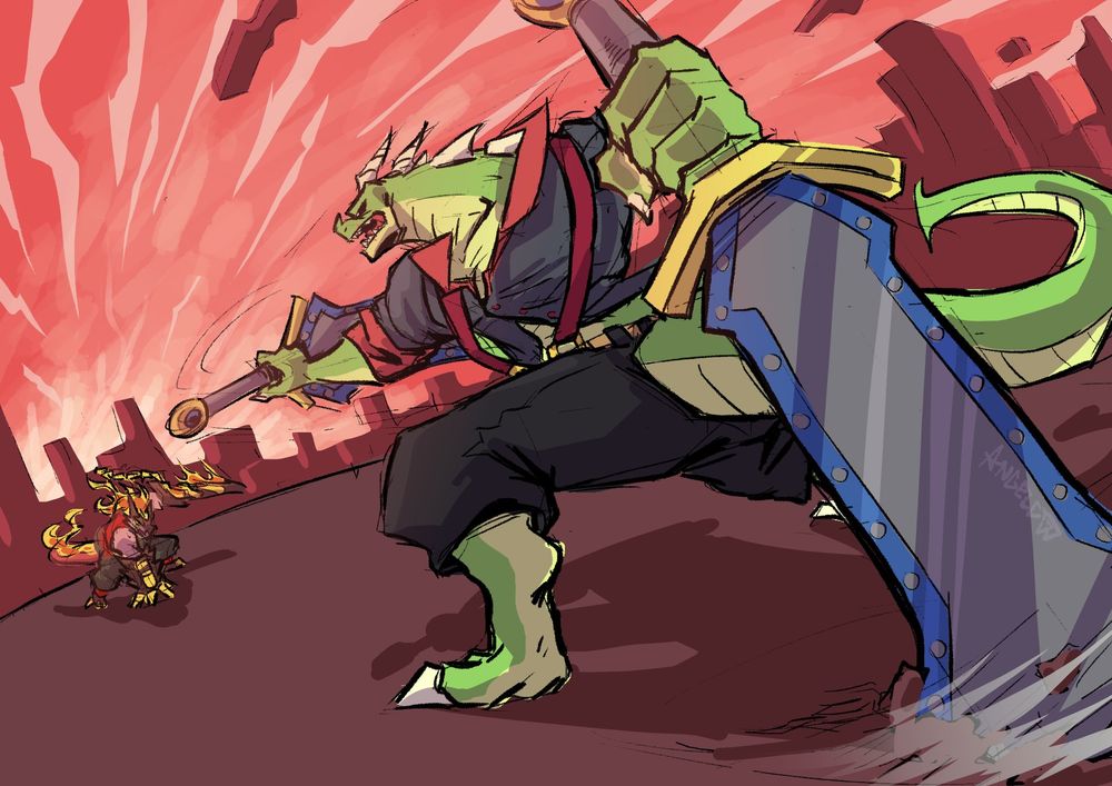 Dynamic sketch commission of two lizardman, Shurtvisor's Leonidas who's ready to swing his dual blades fighting against my character Ray who's heating up his own makeshift sword.