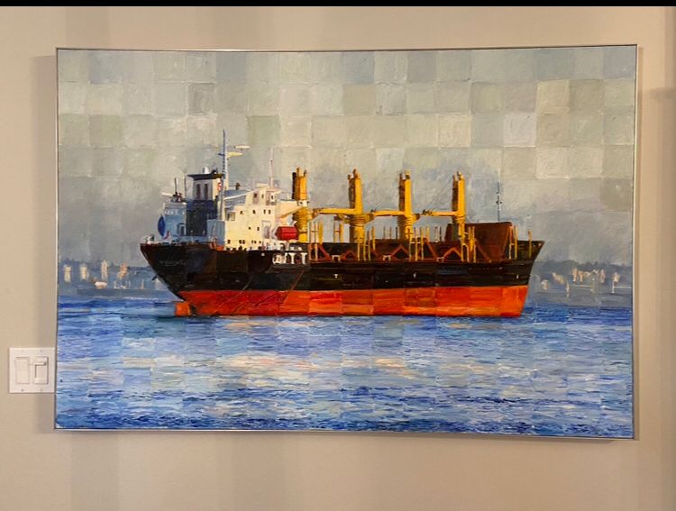 Oil painting of a red black and yellow ship against a Vancouver coastal background 