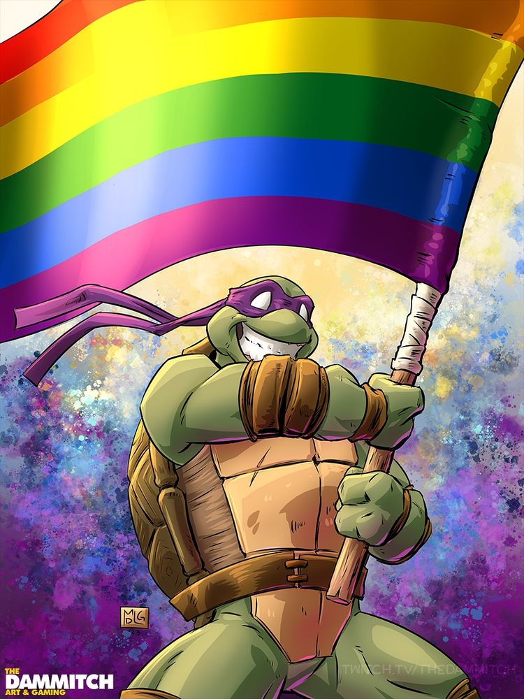 Color illustration of Donatello, from the Teenage Mutant Ninja Tutrles, waving a pride flag with his bo staff as the flagpole. He's grinning really big, and has his classic costume on.