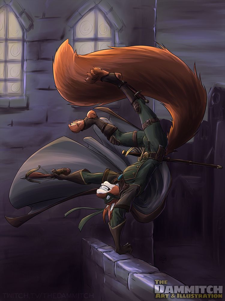 An anthropomorphic red squirrel rogue dressed in green and brown leather clothing performs an acrobatic front flip over a wall, while firing a hand crossbow behind them.