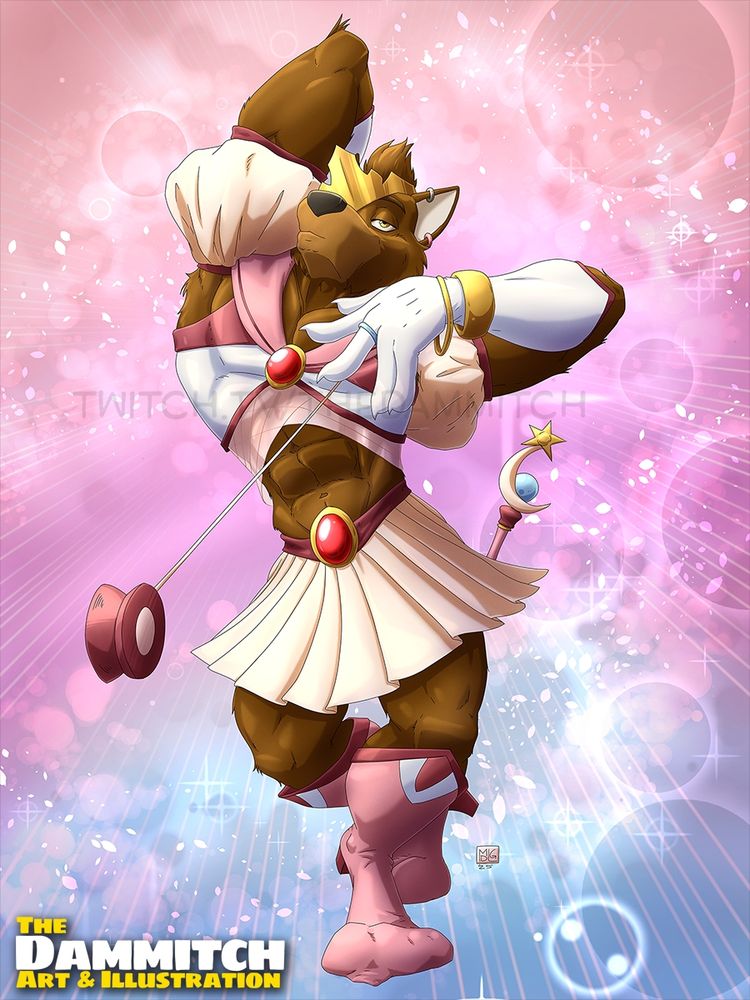 Digital artwork of Bugg Bearnard, everyone's favorite bugbear with extra bear. This time he's got his muscular body dressed up for Halloween in an anime-inspired Magical Girl outfit his outfit is peach, white, and shades of rose, with ruby and gold accents. Pleated skirt, high-heeled boots, gloves, poofy shoulder sleeves, and a gold tiara is set at an angle on his head to act as his eye patch. He is striking a pose reminiscent of a Jojo character and flinging a yo-yo at the same time. The background is pinks and blues with plenty of sparkles and glow bubbles. Artwork by The Dammitch.