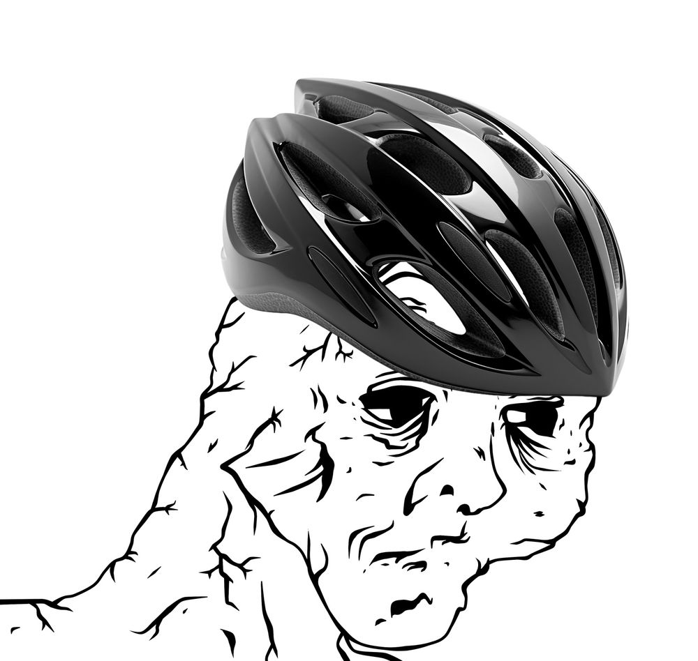 Disheveled wojak wearing a cycling helmet