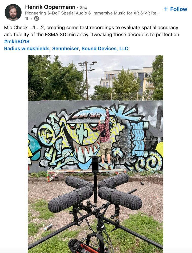 A quad of Sennheiser 4018 mics in windshields, arranged so the side elements of each mic have a pickup on the vertical plane.