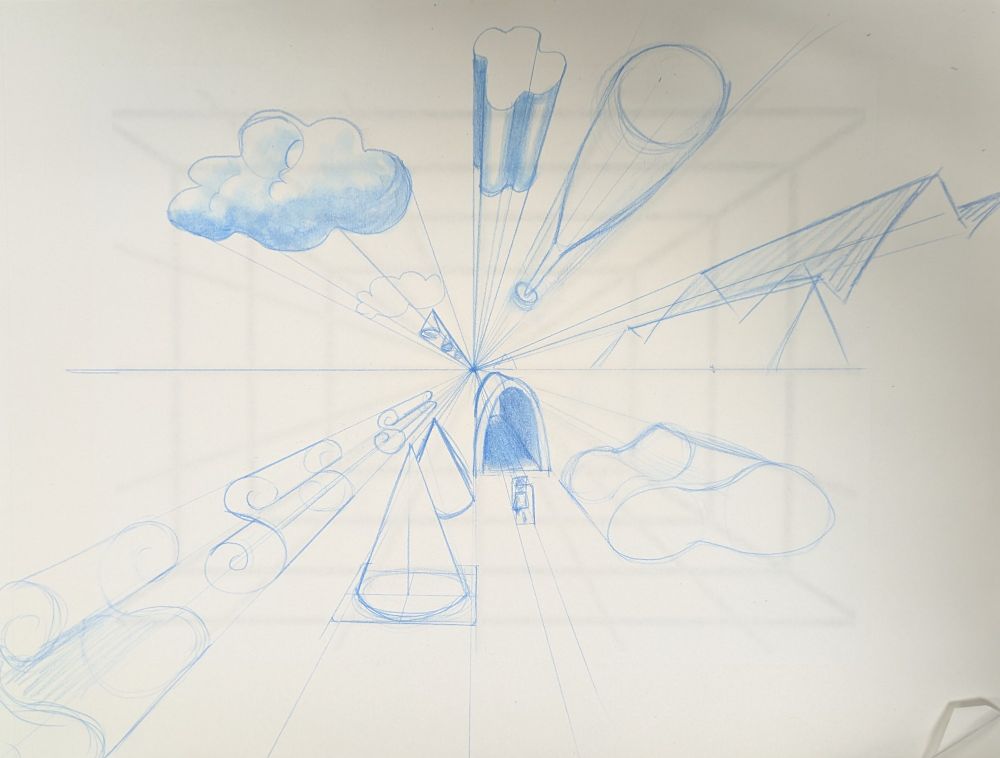 A one-point perspective grid with various shapes and objects, including a baseball bat, cones, clouds, a tunnel and other abstract shapes. The drawing is done in blue pencil.