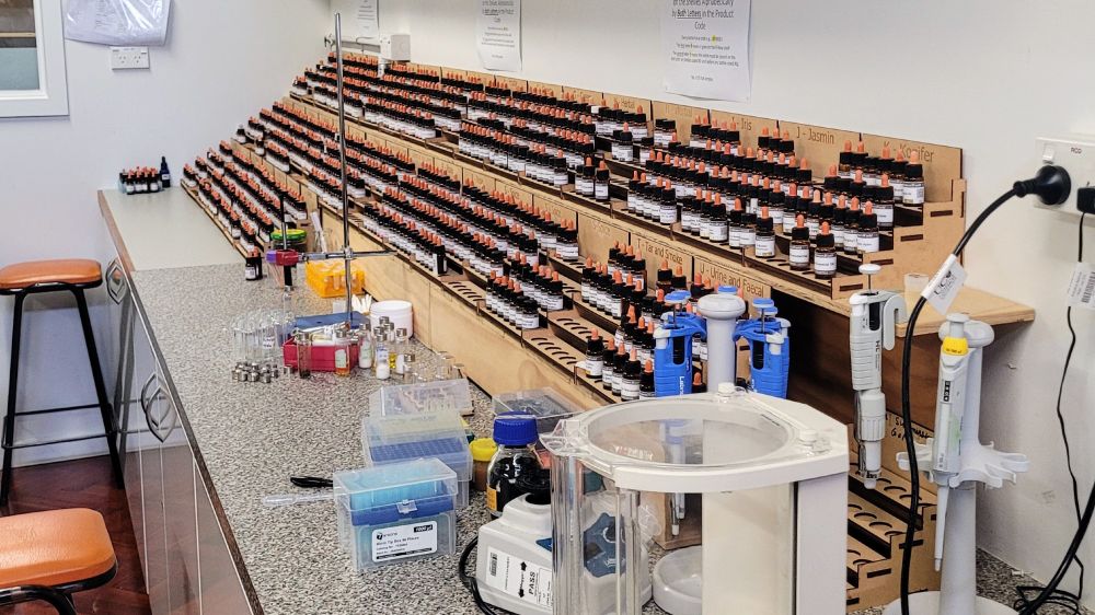 Rows and rows of small bottles with droppers, labelled and catagorised.