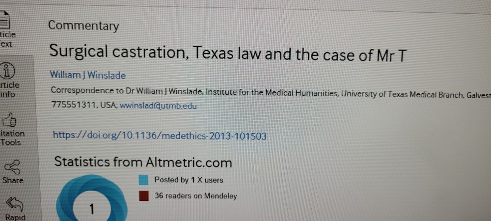 Paper title - Surgical Castration, Texas law and the case of Mr T shown on a BMJ journal website 