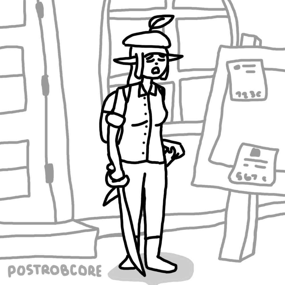 An elf fencer standing with one hand holding a saber and one holding the top of a scabbard. The fencer looks tired. The background is the front of a building and a quest board.