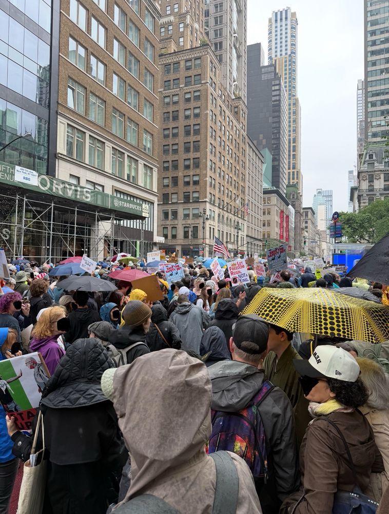 A large group of thousands of New Yorkers marching through the rain for the no kings day protest 
