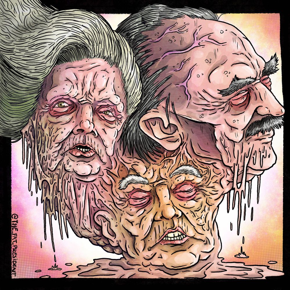 A drawing of Donald Trump with his parents growing out of his head like a Cronenberg monster. 