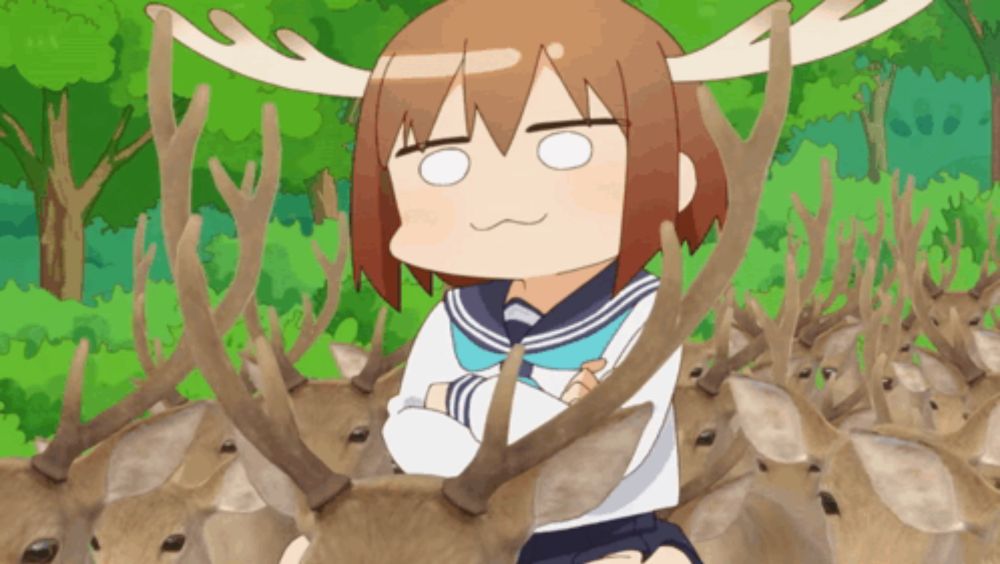 a girl with antlers is sitting on a deer