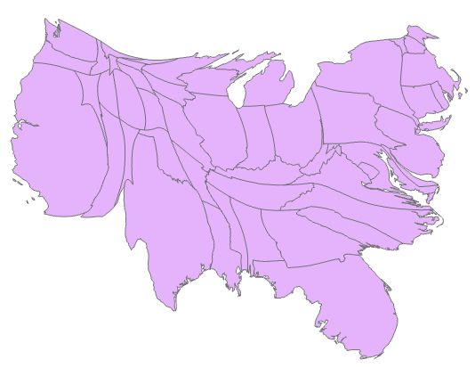 Map of lower 48 US states drawn with a contiguous cartogram visualization based on state population. The relative size and shape of the states is distorted in a way that a typical map user would find odd.
