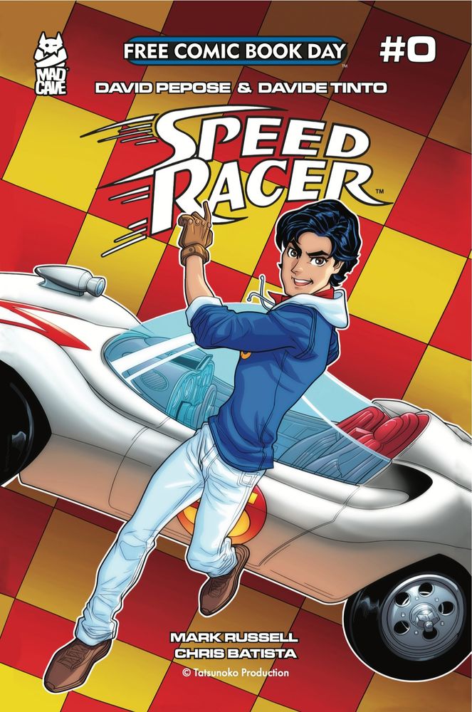 The cover of comic book Speed Racer Issue #0
Written by David Pepose (main story) and Mark Russell (backup)
Art by Davide Tinto (main story), Chris Batista and Sabrina Cintron (backup)
Colors by Rex Lokus (main story) and Carlos Lopez (backup)
Lettering by Buddy Beaudoin
Published by Mad Cave Studios