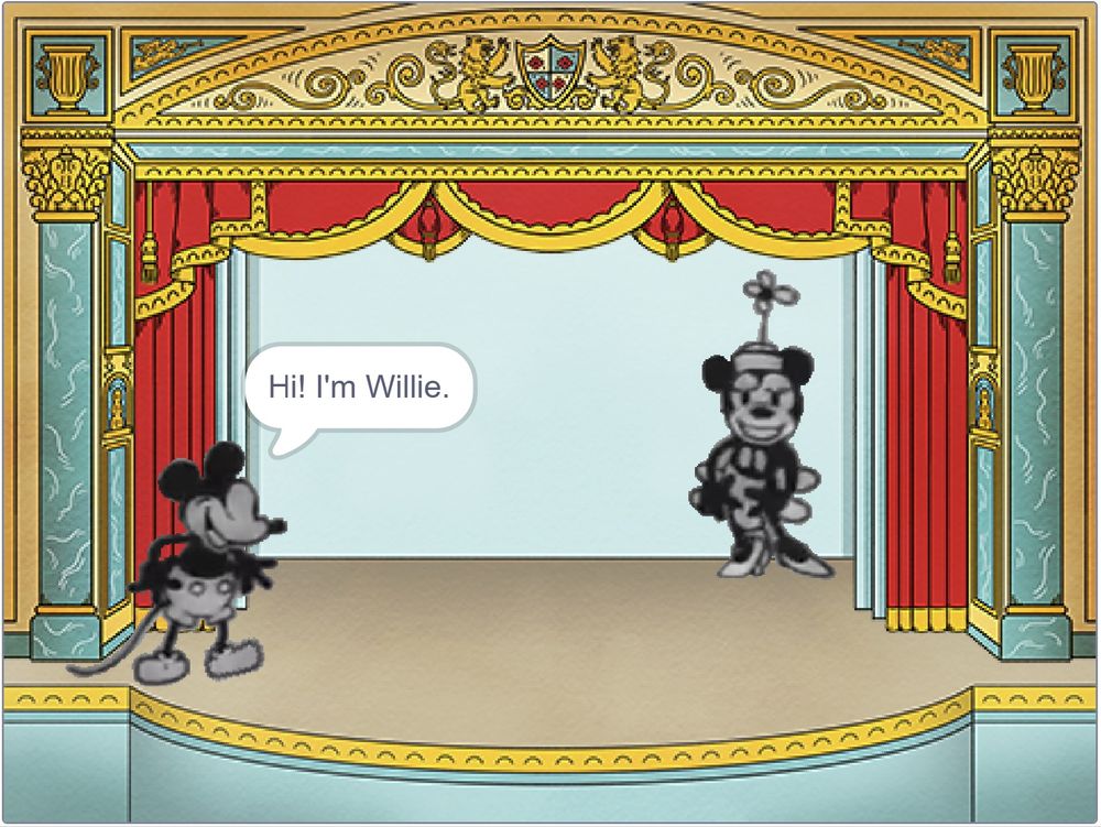 Screenshot showing the public domain characters that look like Mickey and Minnie House, on a stage in the Scratch software. The boy mouse says "Hi! I'm Willie." in a speech bubble.