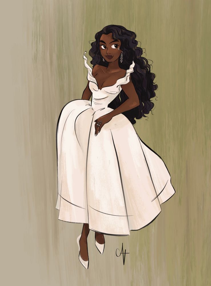 fashion illustration of actress Simone Ashley in white dress from Vivienne Westwood’s line ‘gateway of India’ collection 
