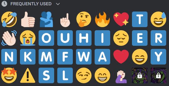 My frequently used emojis list -- a few yellow emojis are scattered about, three hand emojis were used, a facepalm emoji was used, hug emoji's there, a fire emoji's there, and two heart emojis are there.

The list is flooded with region indicator emojis.